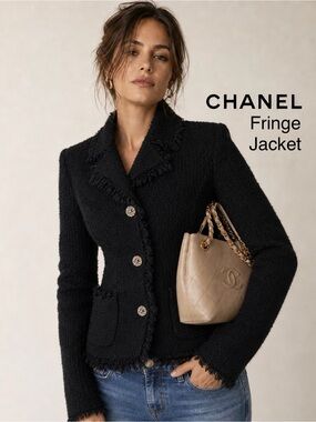 CHANEL Karl Lagerfeld Black Tweed Fringe-Trim Blazer W/Pockets Size 6 FR 38